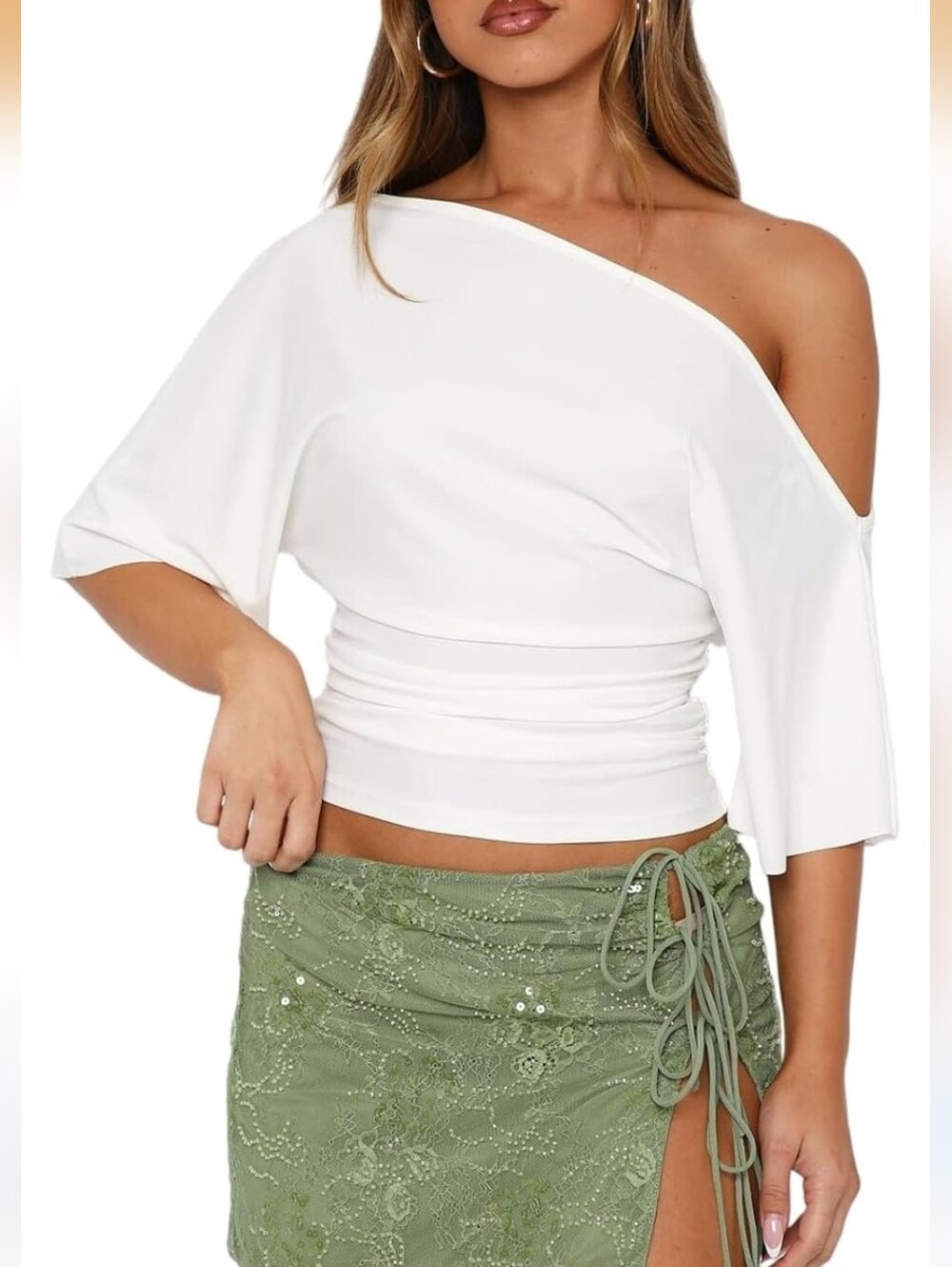 White Off-Shoulder Crop Top with Green Lace Tie-Side Skirt